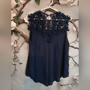 Lace Yoke Sleeveless Blouse - Navy